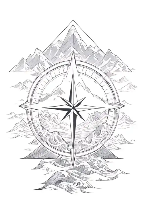 large compass surrounded by intricate geometric mountains and crashing waves, black and white, add triangle frame tattoo design idea