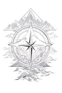large compass surrounded by intricate geometric mountains and crashing waves, black and white, add triangle frame tattoo design idea