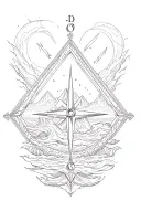 large compass surrounded by intricate geometric mountains and crashing waves, black and white, add triangle frame tattoo design idea