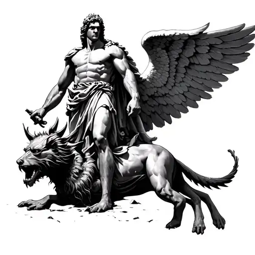 Saint Michael archangel standing on satan tattoo design idea