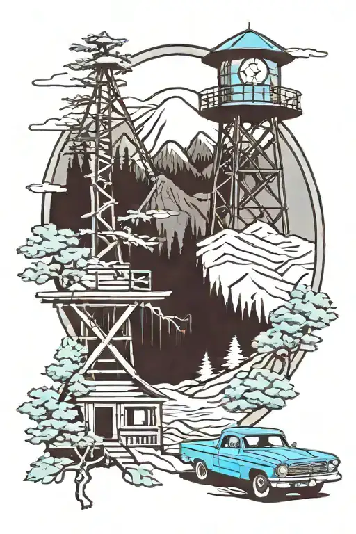 Fire watch tower surrounded by trees and mountains with a baby blue el camino car parked next to the tower tattoo design idea