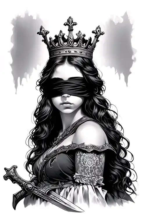 girl with sword, blindfold and crown on head tattoo design idea
