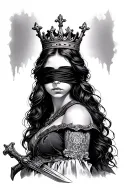 girl with sword, blindfold and crown on head tattoo design idea