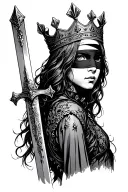 girl with sword, blindfold and crown on head tattoo design idea