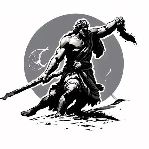 A powerful tattoo design representing the concept of "David vs Goliath" — a small but brave figure (David) facing a gian tattoo design idea