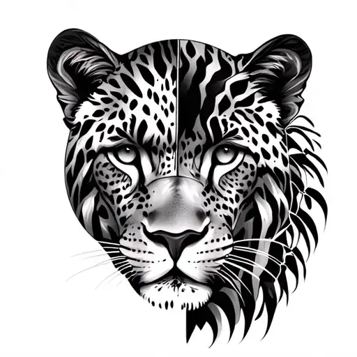 1 face half male lion eye half female leopard eye jungle back tattoo design idea