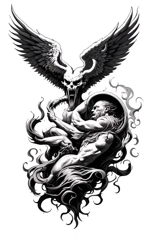 heaven vs hell in a war heaven on top of them arm, hell on the bottom tattoo design idea