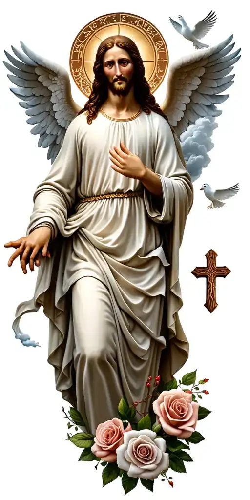 Jesus Mary Holy Spirit. doves roses angels cross clouds and other biblical elements added tattoo design idea