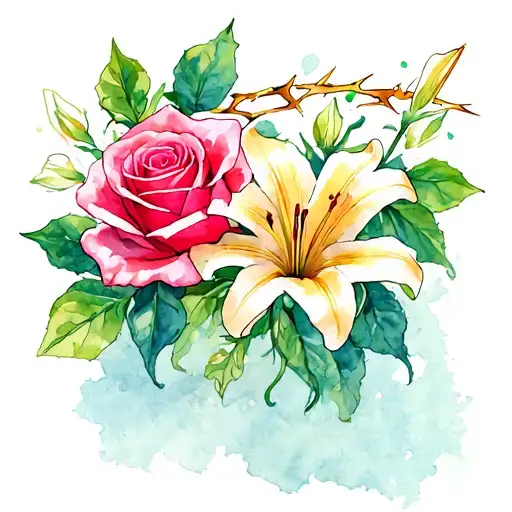 bright vibrant colours. roses and lillies and a crown of thorns intertwined. catholic imagery. tattoo design idea