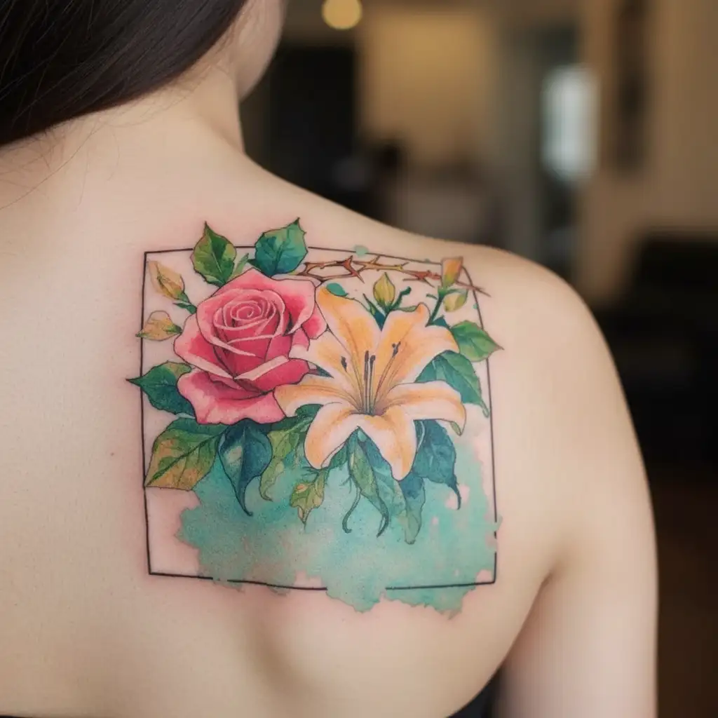 bright vibrant colours. roses and lillies and a crown of thorns intertwined. catholic imagery. tattoo design idea