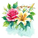 bright vibrant colours. roses and lillies and a crown of thorns intertwined. catholic imagery. tattoo design idea