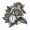 A half sleeve tattoo with a a few roses and Roman numerals of the date aug 27 2023 tattoo design idea