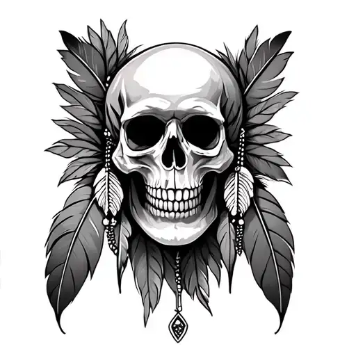 indian feathers with skulls tattoo design idea
