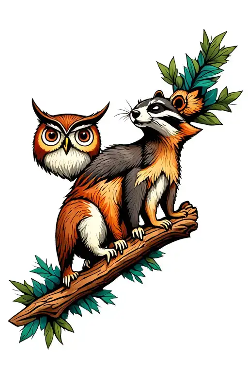 totem pole with owl on chipmunk on raccoon on fox on bear tattoo design idea