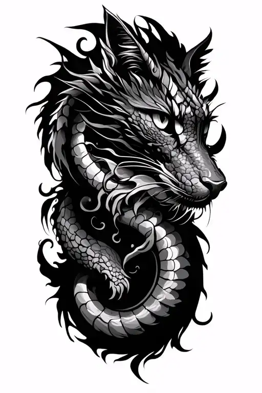 conceptualized tattoo of japanese style, Zodiac sign Virgo, dragon and cats tattoo design idea