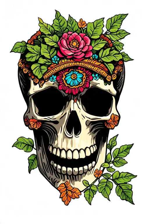 Skull with ivy like huichol tattoo design idea