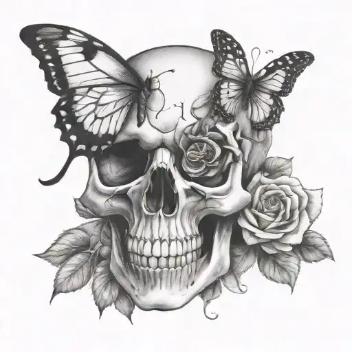 skull with butterfly emerging from eye and roses tattoo design idea