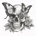 skull with butterfly emerging from eye and roses tattoo design idea