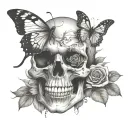 skull with butterfly emerging from eye and roses tattoo design idea