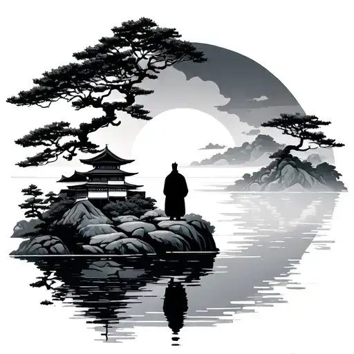 Taisekiji temple in foreground. A Monk standing on a cliff with japanese trees around, watching over a sunrise on water. tattoo design idea