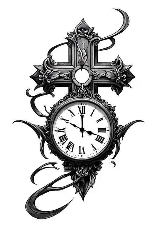 cross and time piece tattoo design idea