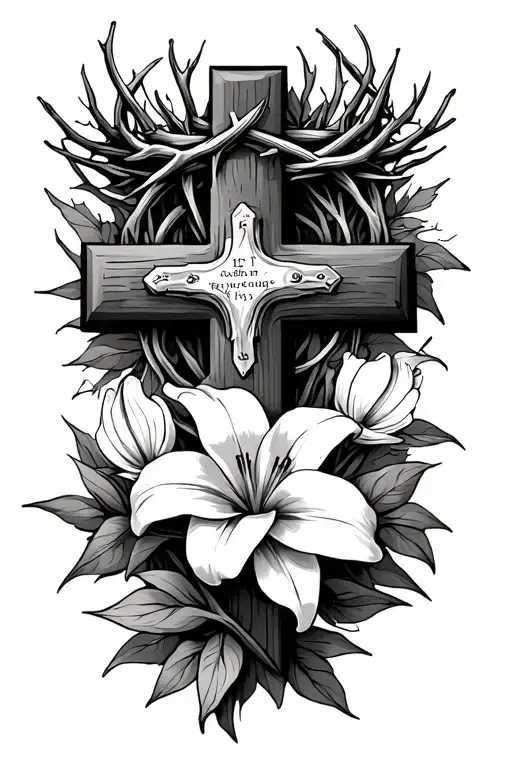 religious cross with the thorn crown and a lilly flowers and the quoted verses luke 1:37 and 1 peter 5:10  tattoo design idea