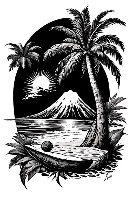coconut tree, dodo, rum, Charette, chameleon, sun, beach, volcano tattoo design idea