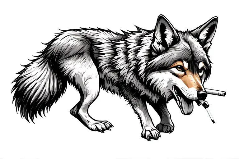 Coyote chewing on cigarette, where's mountains in the background tattoo design idea