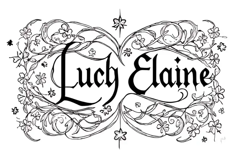 "Lucky Elaine" baroque filigree cybersigil incorporating organic in calligraphy with stars w vines and clovers tattoo design idea