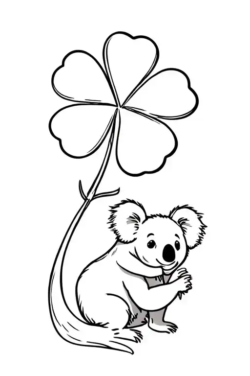A five -leaf clover with a large stem, in which a small koala grabs the stem tenderly tattoo design idea
