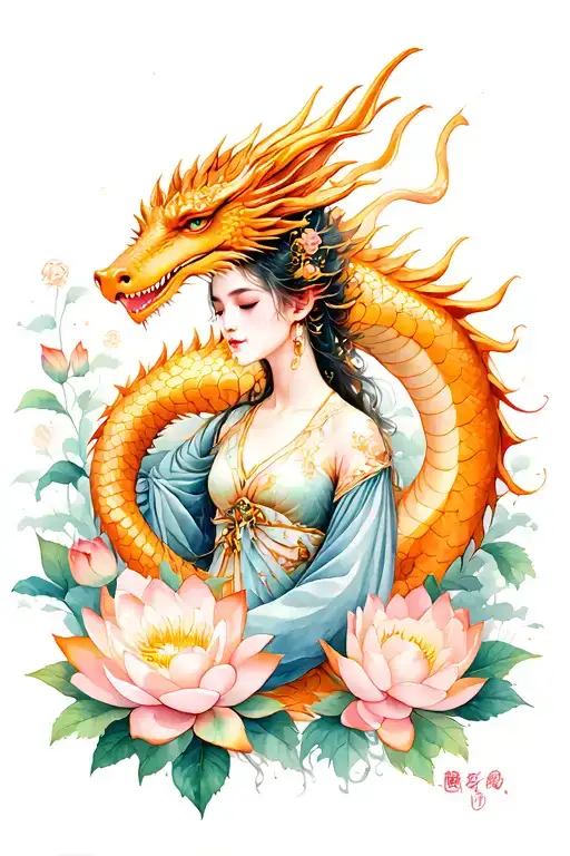 A girl in the style of realism, wrapped in a dragon Vake. Scales with a golden sheen, around - watercolor peonies and lotuses. Japanese tattoo design idea
