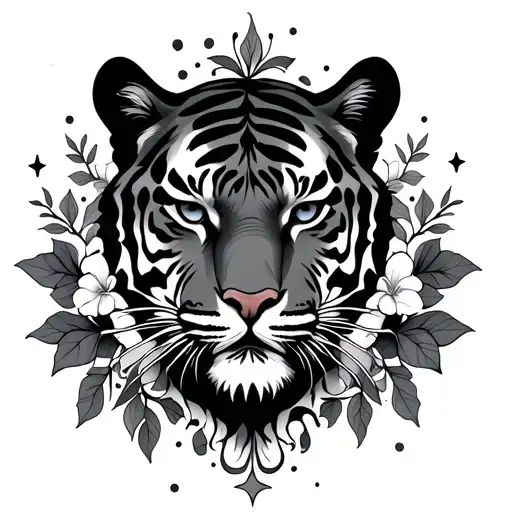 A feminine black and white tattoo featuring the Eelam outline, tiger, Glory Hill, stars, and jasmine vine tattoo design idea