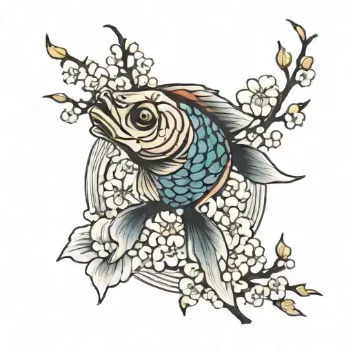 coi fish, Japanese cherry blossom tattoo design idea