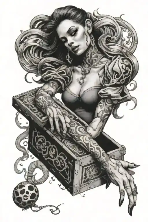 arm sleeve tattoo of pandora's box. Woman with an open box around the wrist with the box opening and evil raising out of tattoo design idea