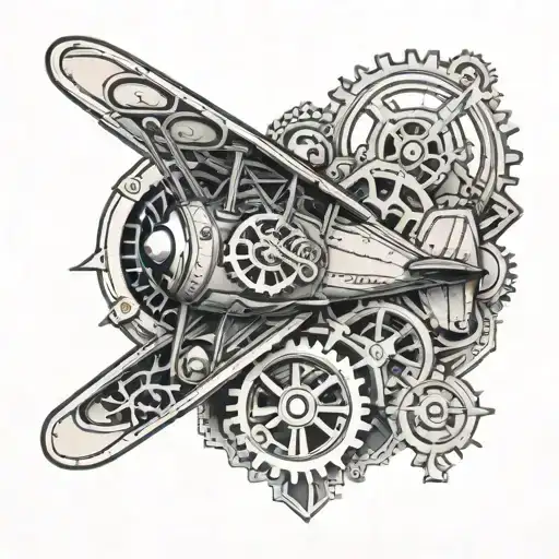 An engineer-themed tattoo showcasing a blueprint design of a vintage airplane, with gears and mechanical elements incorporated into the design tattoo design idea