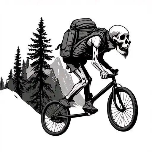 bearded skeleton on unicycle going up mountain with dog in backpack tattoo design idea