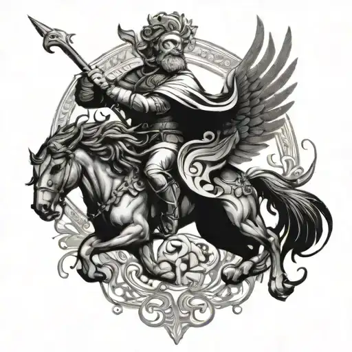 A realistic portrait of Saint George riding a phoenix, with Aries symbols subtly integrated into the design tattoo design idea