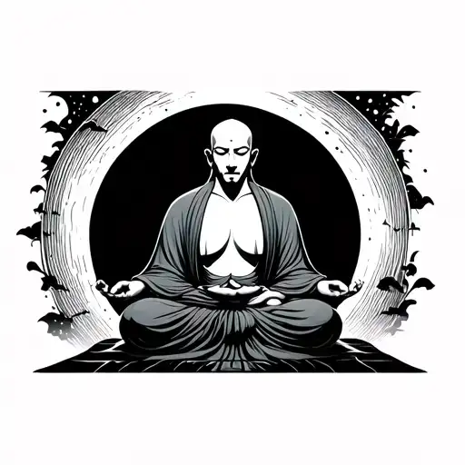 meditate the monk in front of the moon tattoo design idea