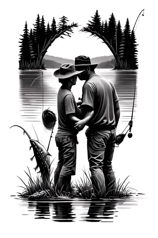 dad and son fishing on a lake tattoo design idea