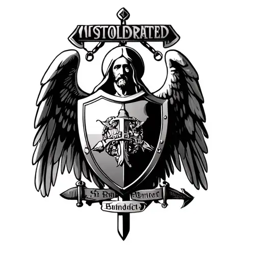 St. Benedict Medal combined with wings and sword and shield tattoo design idea