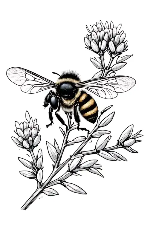 tiny simple bee (cute, no stinger etx) on a sprig of thyme flower tattoo design idea