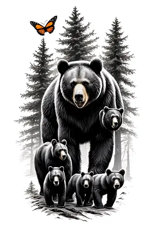Papa bear and 3 black bear cubs and 2 monarch butterfly walking in the wilderness trees tattoo design idea