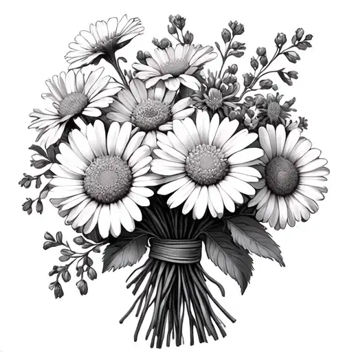 delphinium honey suckle and daisy bouquet tied together tattoo design idea