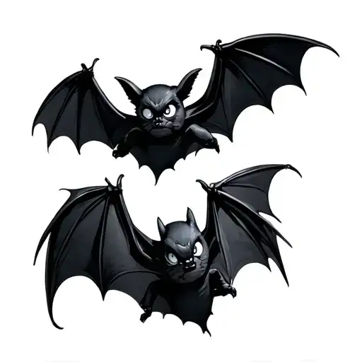 4 non realistic Black bats flying with white eyes and they have no detail just the form of a bat tattoo design idea