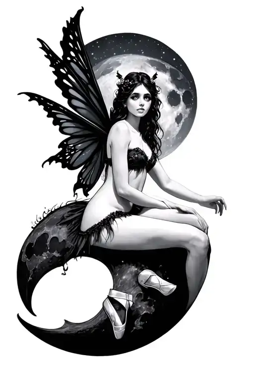 a black fairy sitting on the moon with pointe shoes on tattoo design idea