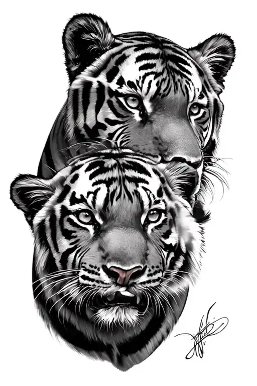 half mother tiger half 3 cubs face only tattoo design idea