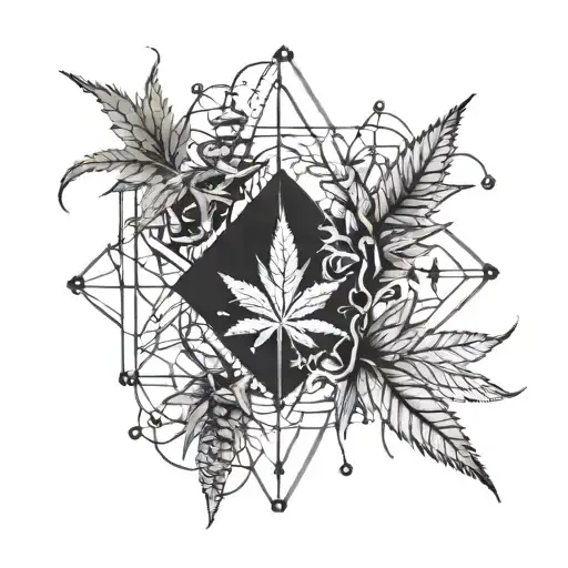 Chemical structures of methamphetamine and marijuana intertwined with Guna symbols tattoo design idea