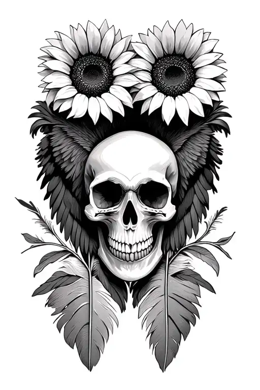 2 hawk feathers sunflowers skulls tattoo design idea
