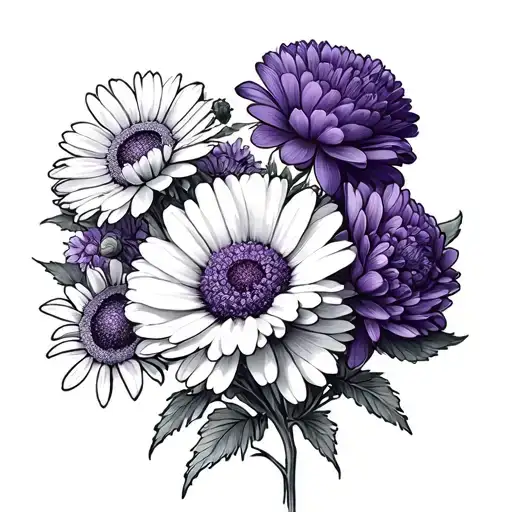 Carnation, violet, daisy, chrysanthemum bouquet tattoo design idea