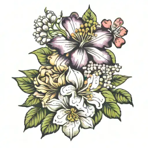 september, December. April & March birth flower boquet tattoo design idea